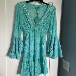 Turquoise Lace Bell Sleeve beach cover dress